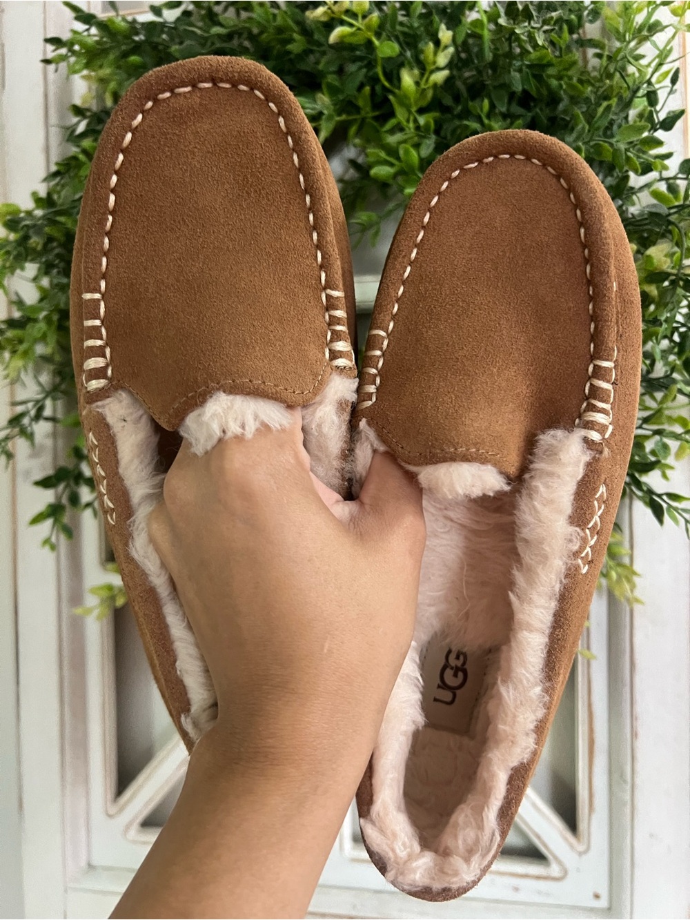 UGG Ansley Chestnut Suede Shearling Moccasins